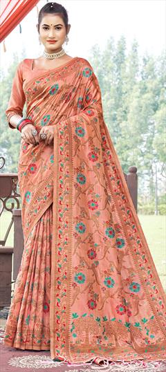 Party Wear, Traditional Pink and Majenta color Saree in Banarasi Silk, Silk fabric with South Weaving work : 1875452