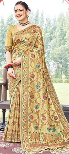 Party Wear, Traditional Gold color Saree in Banarasi Silk, Silk fabric with South Weaving work : 1875457