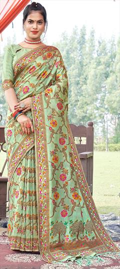 Party Wear, Traditional Green color Saree in Banarasi Silk, Silk fabric with South Weaving work : 1875461