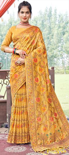 Party Wear, Traditional Yellow color Saree in Banarasi Silk, Silk fabric with South Weaving work : 1875462