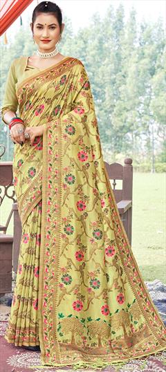 Party Wear, Traditional Green color Saree in Banarasi Silk, Silk fabric with South Weaving work : 1875463
