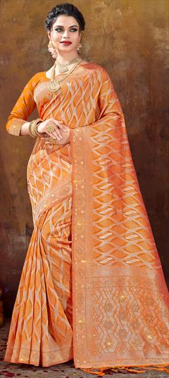 Party Wear, Traditional Beige and Brown, Orange color Saree in Organza Silk, Silk fabric with South Weaving, Zari work : 1875537