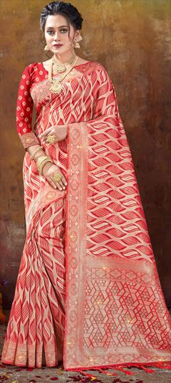 Party Wear, Traditional Beige and Brown, Red and Maroon color Saree in Organza Silk, Silk fabric with South Weaving, Zari work : 1875539