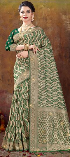 Party Wear, Traditional Beige and Brown, Green color Saree in Organza Silk, Silk fabric with South Weaving, Zari work : 1875541