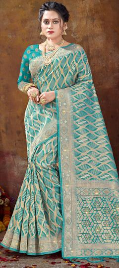 Party Wear, Traditional Beige and Brown, Blue color Saree in Organza Silk, Silk fabric with South Weaving, Zari work : 1875545