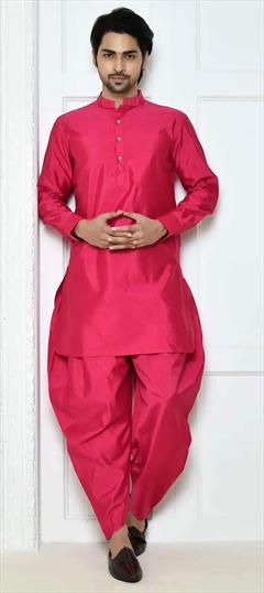 Party Wear Pink and Majenta color Pathani Suit in Art Silk fabric with Thread work : 1875588