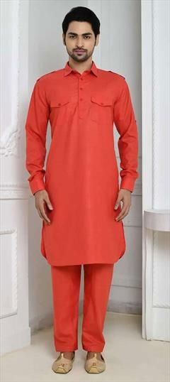 Party Wear Orange color Kurta Pyjamas in Blended Cotton fabric with Thread work : 1875590