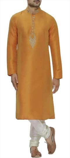 Party Wear Yellow color Kurta Pyjamas in Art Silk fabric with Embroidered, Thread work : 1875593