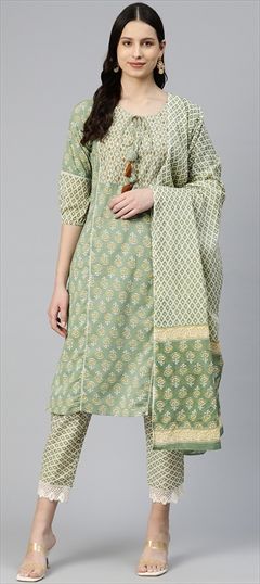 Party Wear, Summer Green color Salwar Kameez in Cotton fabric with Straight Lace, Printed, Resham, Thread work : 1875614