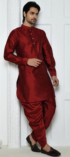 Party Wear Red and Maroon color Pathani Suit in Art Silk fabric with Thread work : 1875656