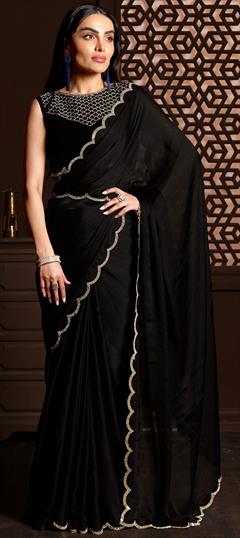 Engagement, Party Wear, Reception Black and Grey color Saree in Chiffon fabric with Classic Stone work : 1875720