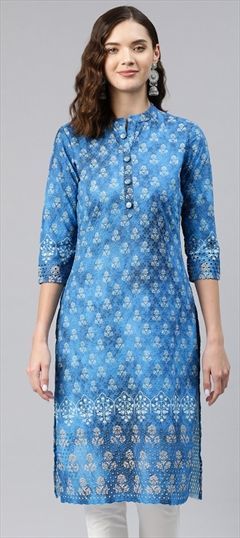 Summer Blue color Kurti in Cotton fabric with Straight Embroidered, Resham, Thread work : 1875952