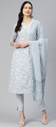 Party Wear, Summer Black and Grey color Salwar Kameez in Cotton fabric with Straight Floral, Printed work : 1876097