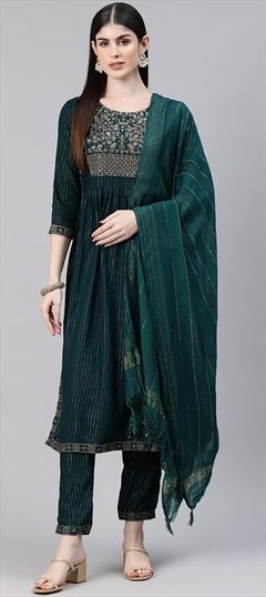 Party Wear, Reception, Summer Green color Salwar Kameez in Rayon fabric with Straight Embroidered, Resham, Sequence, Thread work : 1876139