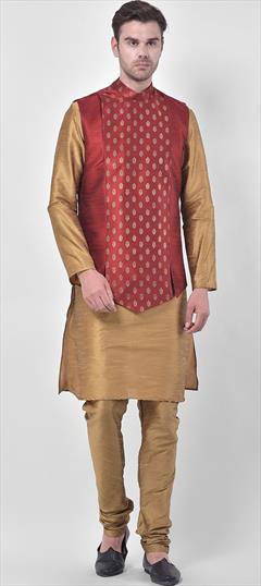 Party Wear Gold color Kurta Pyjama with Jacket in Dupion Silk fabric with Thread work : 1876155