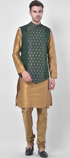 Party Wear Gold color Kurta Pyjama with Jacket in Dupion Silk fabric with Thread work : 1876158