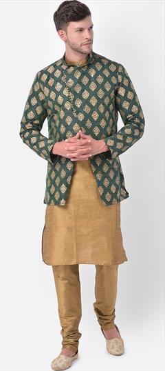 Party Wear Gold color Kurta Pyjama with Jacket in Dupion Silk fabric with Thread work : 1876167