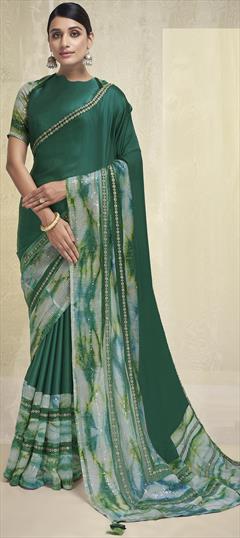 Festive, Reception, Traditional Green color Saree in Crepe Silk, Silk fabric with South Lace, Sequence work : 1876177