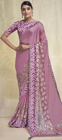 Engagement, Festive, Reception Pink and Majenta color Saree in Georgette fabric with Classic Appliques, Sequence work : 1876182