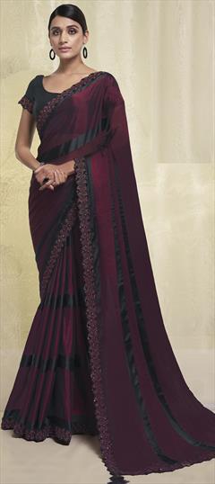 Engagement, Festive, Reception Red and Maroon color Saree in Georgette fabric with Classic Border, Embroidered, Thread work : 1876184
