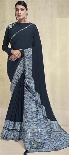 Festive, Reception, Traditional Blue color Saree in Crepe Silk, Silk fabric with South Sequence work : 1876197