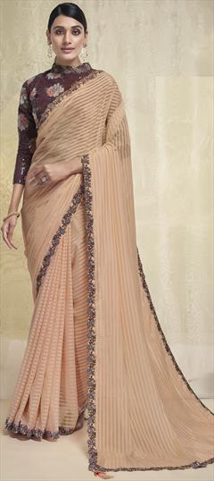 Engagement, Festive, Reception Pink and Majenta color Saree in Georgette fabric with Classic Border, Embroidered, Stone work : 1876202