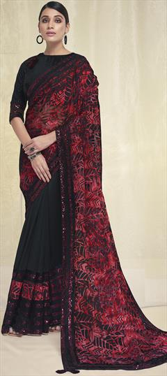 Engagement, Festive, Reception Black and Grey, Red and Maroon color Saree in Brasso, Crepe Silk fabric with Classic Sequence work : 1876205