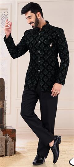 Party Wear Black and Grey color Jodhpuri Suit in Velvet fabric with Sequence work : 1876231