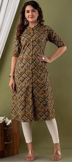 Casual Beige and Brown color Kurti in Cotton fabric with Long Sleeve, Straight Printed work : 1876354