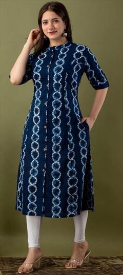 Casual Blue color Kurti in Cotton fabric with Long Sleeve, Straight Printed work : 1876356