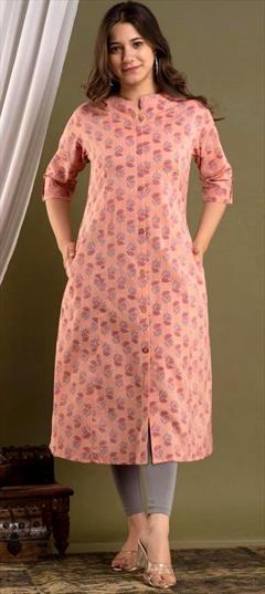 Casual Pink and Majenta color Kurti in Cotton fabric with Long Sleeve, Straight Printed work : 1876357
