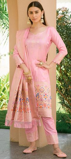 Party Wear, Reception Pink and Majenta color Salwar Kameez in Banarasi Silk fabric with Straight Weaving work : 1876370