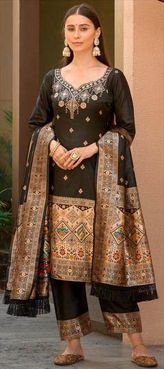 Party Wear, Reception Black and Grey color Salwar Kameez in Banarasi Silk fabric with Straight Weaving work : 1876373