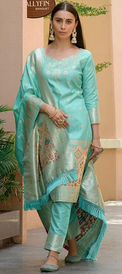 Party Wear, Reception Blue color Salwar Kameez in Banarasi Silk fabric with Straight Weaving work : 1876376