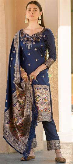 Party Wear, Reception Blue color Salwar Kameez in Banarasi Silk fabric with Straight Weaving work : 1876380