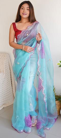 Party Wear, Traditional Blue color Saree in Organza Silk, Silk fabric with South Sequence work : 1876479