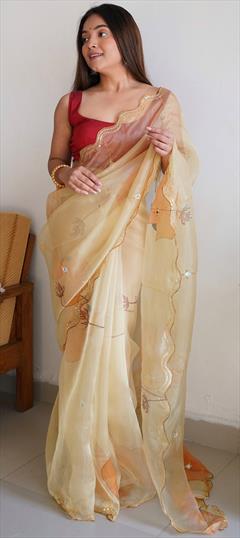 Party Wear, Traditional Beige and Brown color Saree in Organza Silk, Silk fabric with South Sequence work : 1876489