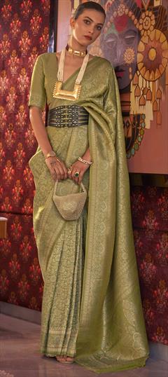Engagement, Reception, Traditional Green color Saree in Banarasi Silk, Silk fabric with South Weaving, Zari work : 1876501