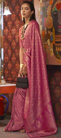 Engagement, Reception, Traditional Pink and Majenta color Saree in Banarasi Silk, Silk fabric with South Weaving, Zari work : 1876504