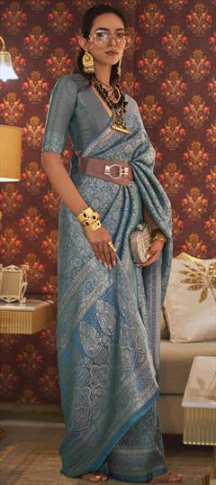 Engagement, Reception, Traditional Blue color Saree in Banarasi Silk, Silk fabric with South Weaving, Zari work : 1876509