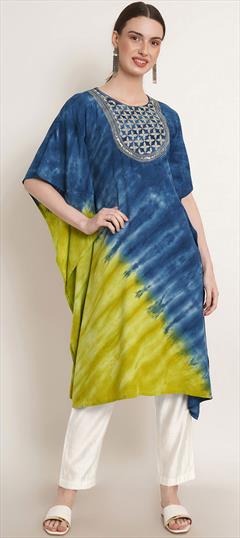 Party Wear Blue, Green color Kaftan in Rayon fabric with Straight Printed, Tye n Dye work : 1876557