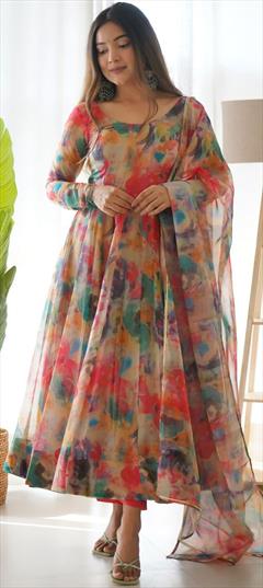 Party Wear, Reception Multicolor color Salwar Kameez in Organza Silk fabric with Anarkali Printed work : 1876613