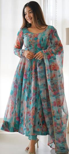 Party Wear, Reception Multicolor color Salwar Kameez in Organza Silk fabric with Anarkali Printed work : 1876614