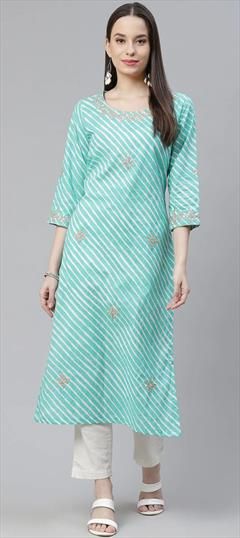 Casual Blue color Kurti in Cotton fabric with Long Sleeve, Straight Lehariya, Printed, Zari work : 1876663