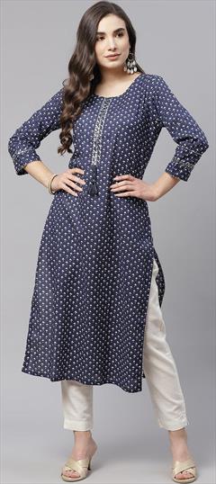 Casual Blue color Kurti in Cotton fabric with Long Sleeve, Straight Printed work : 1876668