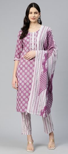 Party Wear, Summer Purple and Violet color Salwar Kameez in Cotton fabric with Straight Lace, Printed, Sequence, Thread work : 1876688