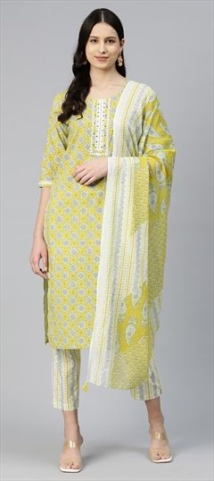 Party Wear, Summer Yellow color Salwar Kameez in Cotton fabric with Straight Lace, Printed, Sequence, Thread work : 1876690