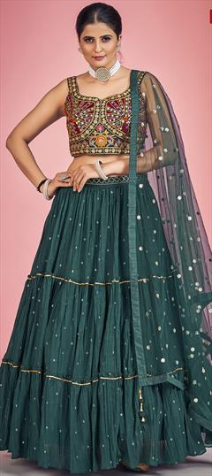 Engagement, Mehendi Sangeet, Wedding Green color Ready to Wear Lehenga in Georgette fabric with Flared Mirror, Sequence, Thread work : 1876748