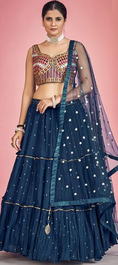 Engagement, Mehendi Sangeet, Wedding Blue color Ready to Wear Lehenga in Georgette fabric with Flared Mirror, Sequence, Thread work : 1876750