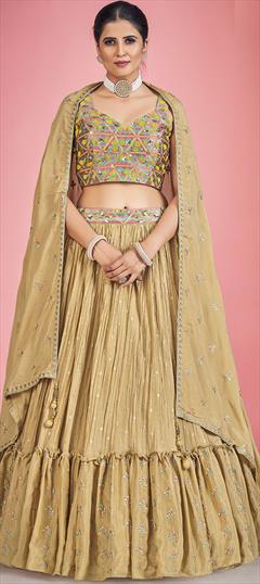 Engagement, Mehendi Sangeet, Wedding Beige and Brown color Ready to Wear Lehenga in Georgette fabric with Flared Mirror, Thread work : 1876758
